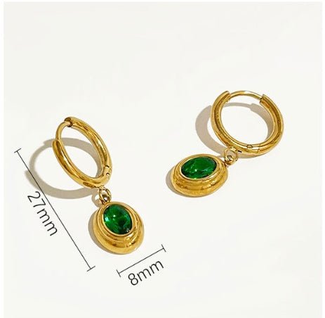 Emerald Zircon Earrings Titanium Steel Simple Oval Earrings - Rhyme - and - Chain