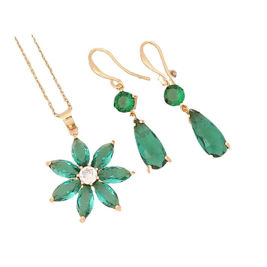 Emerald Zircon Pendant Necklace Earrings - Rhyme - and - Chain