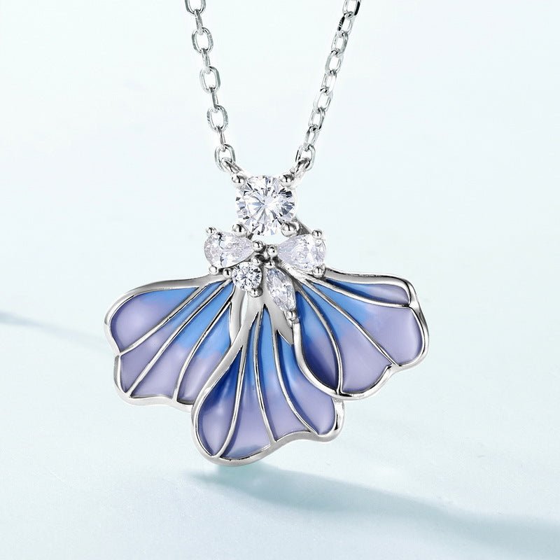 Enamel Blue Iris Pendant Collarbone Chain Flower S925 Sterling Silver Necklace - Rhyme - and - Chain