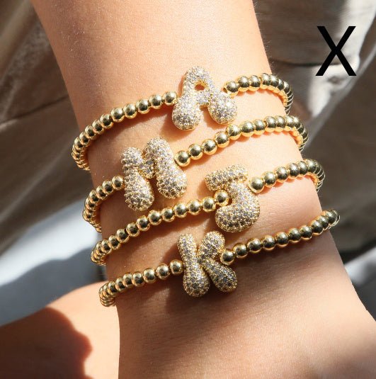 Fashion Jewelry 18K Balloon Bubble Zircon Letter Beaded Copper Bead Elastic String Bracelet - Rhyme-and-Chain