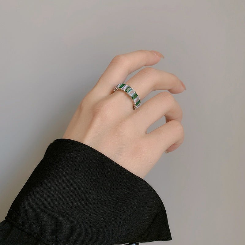 Fashion Personality Niche Design Square Diamond Emerald Ring Female - Rhyme - and - Chain