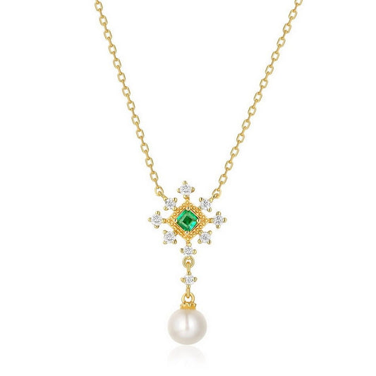 Fashionable Women's 925 Silver Emerald Pearl Necklace - Rhyme - and - Chain