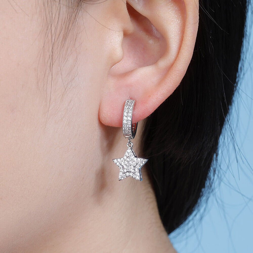 Free Ship Hip Hop Star Drop Earrings 18K Real Gold Plated TopBling Zircon Hoop Earring - Rhyme-and-Chain