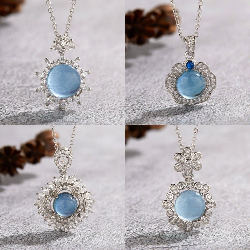 French Design S925 Sterling Silver Natural Aquamarine Necklace - Rhyme - and - Chain