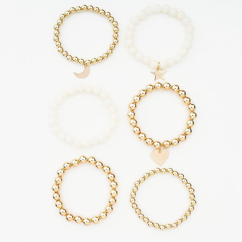 Gold Bead Star Love Moon White Elastic Stretch Bead Ball Bracelet Set - Rhyme - and - Chain