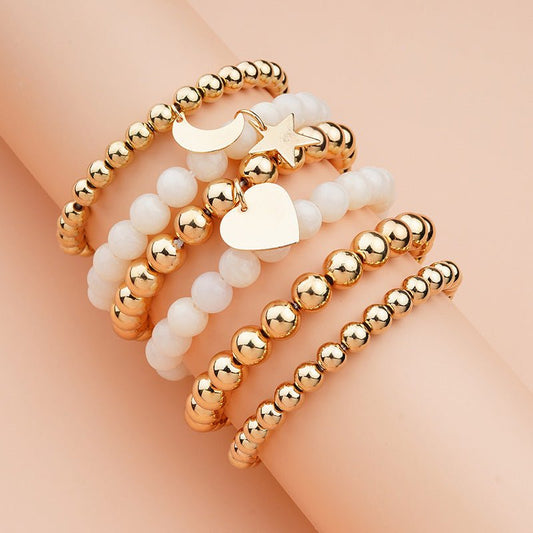 Gold Bead Star Love Moon White Elastic Stretch Bead Ball Bracelet Set - Rhyme - and - Chain