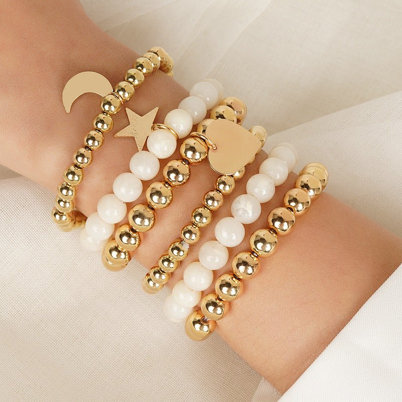 Gold Bead Star Love Moon White Elastic Stretch Bead Ball Bracelet Set - Rhyme - and - Chain