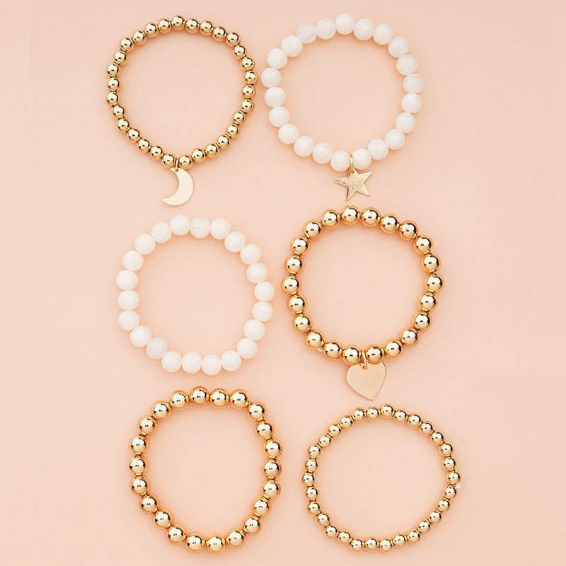 Gold Bead Star Love Moon White Elastic Stretch Bead Ball Bracelet Set - Rhyme - and - Chain