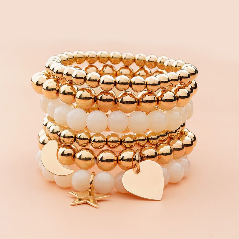 Gold Bead Star Love Moon White Elastic Stretch Bead Ball Bracelet Set - Rhyme - and - Chain