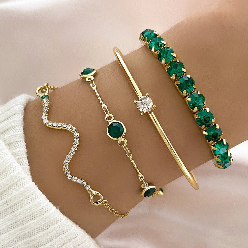 Green Tennis Chain Bracelet Women's 4 - piece Set - Rhyme - and - Chain