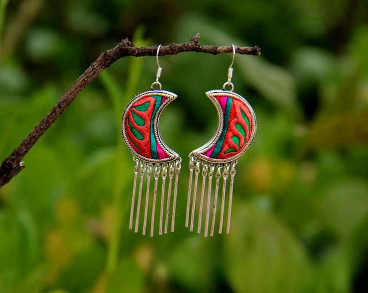 Guizhou Miao Traditional Hand - embroidered Silver Moon Fringed Earrings - Rhyme - and - Chain