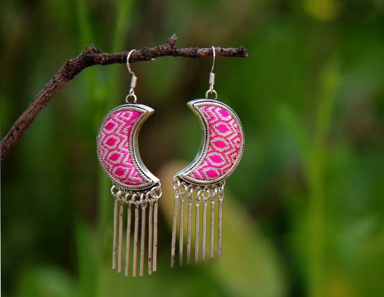 Guizhou Miao Traditional Hand - embroidered Silver Moon Fringed Earrings - Rhyme - and - Chain