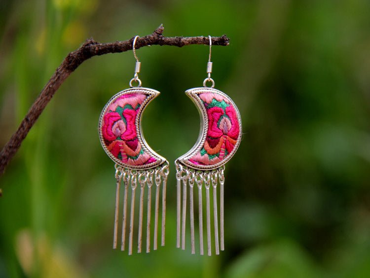 Guizhou Miao Traditional Hand - embroidered Silver Moon Fringed Earrings - Rhyme - and - Chain