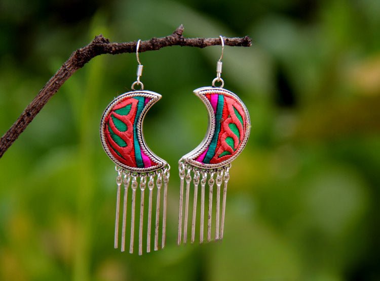 Guizhou Miao Traditional Hand - embroidered Silver Moon Fringed Earrings - Rhyme - and - Chain