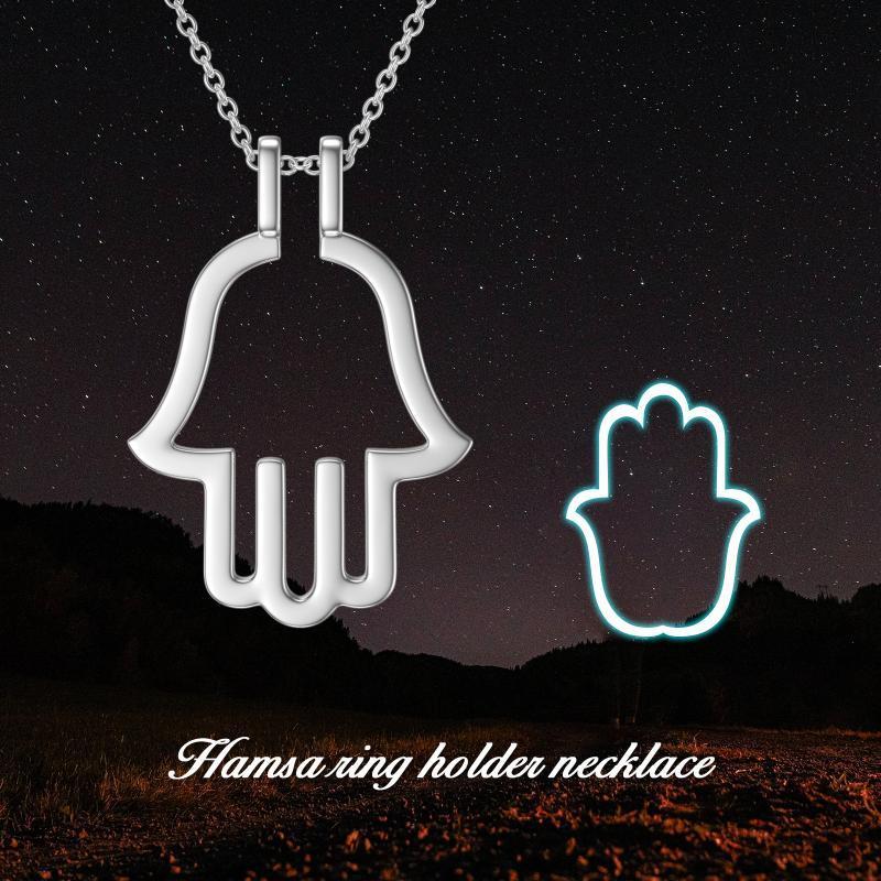 Hamsa Hand Ring Holder Keeper Pendant Necklace in Sterling Silver - Rhyme - and - Chain