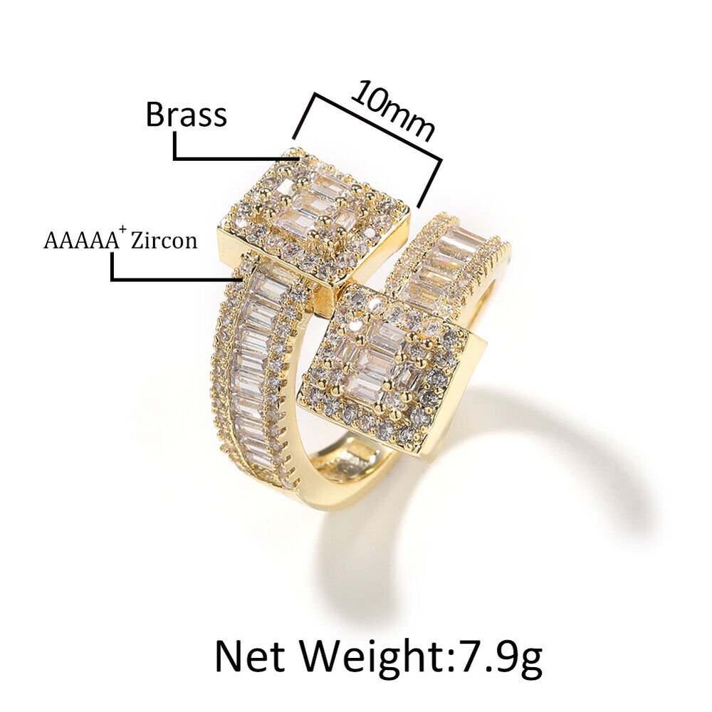 Hip Hop T Zircon Cuff Ring White Gold Plated Jewelry for Men Women - Rhyme - and - Chain