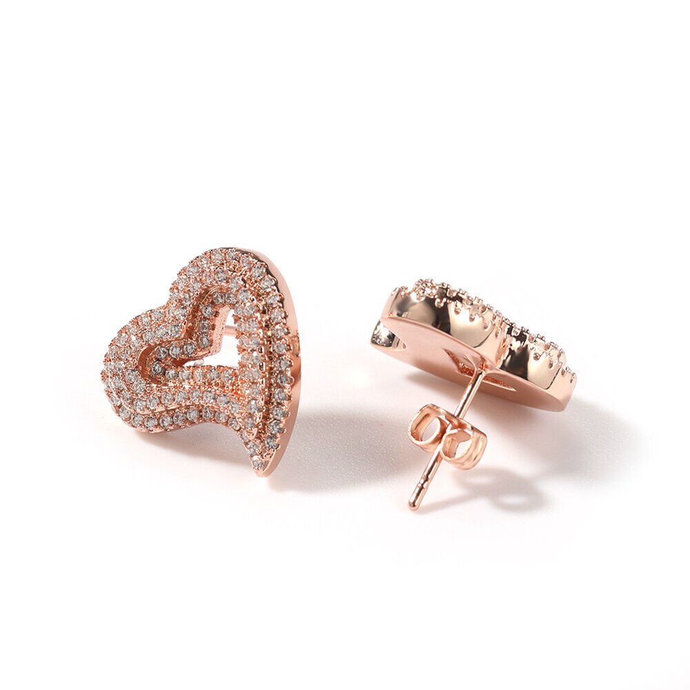 Hollow Heart Shape Stud Earrings 5A Zircon 18K Real Gold Plated S925 Jewelry - Rhyme - and - Chain