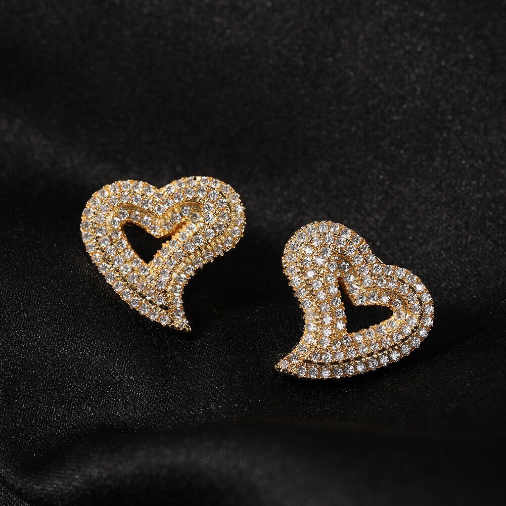 Hollow Heart Shape Stud Earrings 5A Zircon 18K Real Gold Plated S925 Jewelry - Rhyme - and - Chain