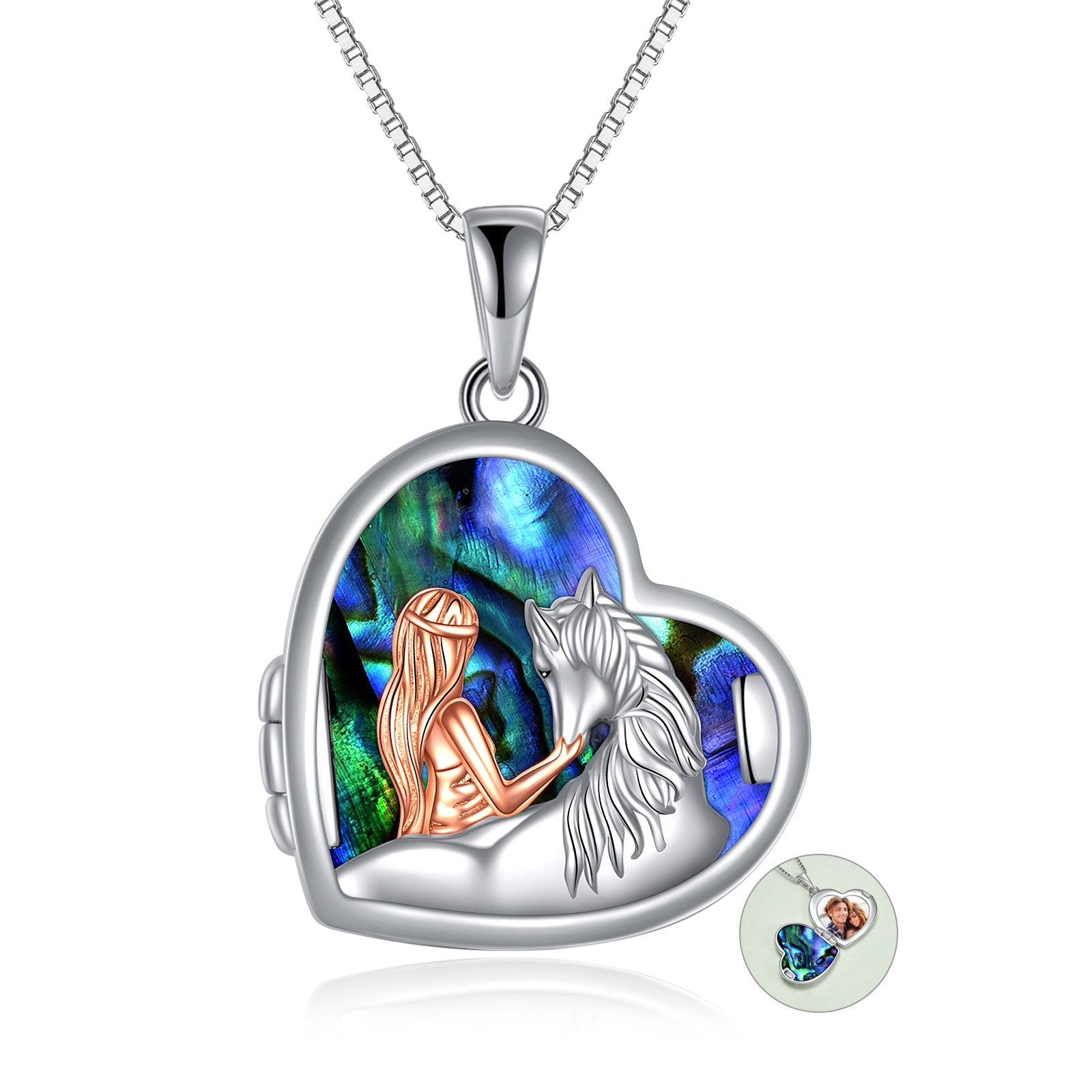 Horse Girl Abalone Shellfish Heart 925 Sterling Silver Photo Locket Necklace - Rhyme - and - Chain