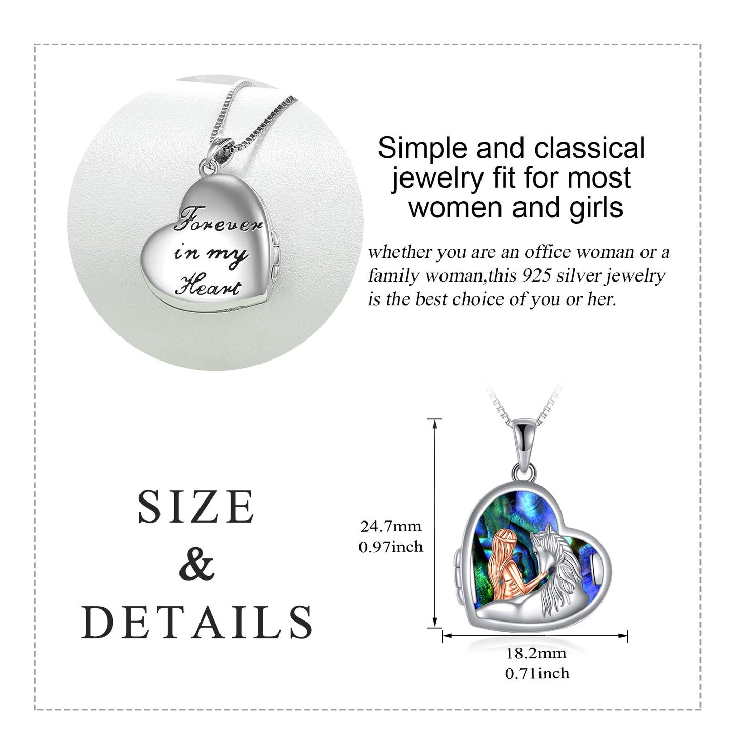 Horse Girl Abalone Shellfish Heart 925 Sterling Silver Photo Locket Necklace - Rhyme - and - Chain