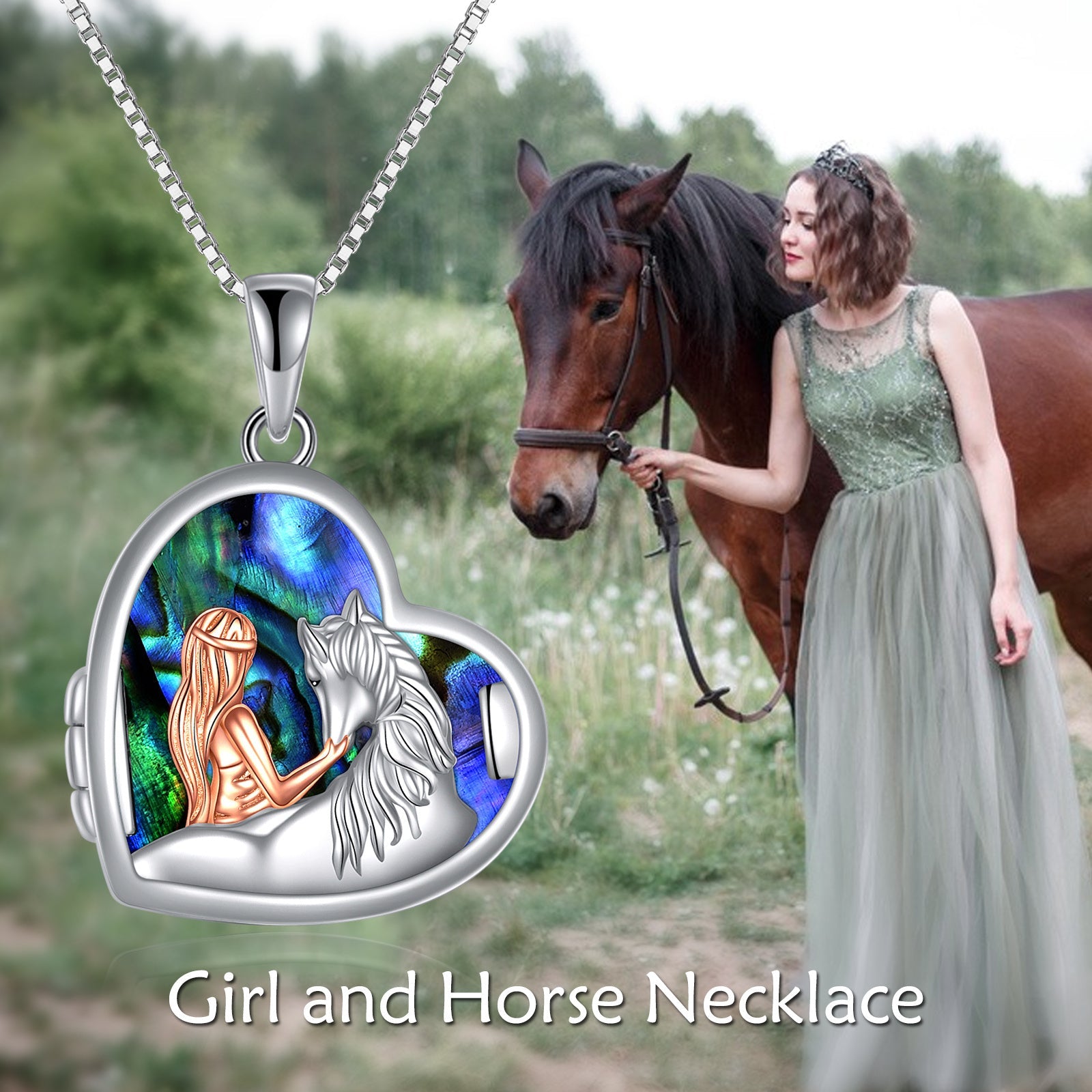 Horse Girl Abalone Shellfish Heart 925 Sterling Silver Photo Locket Necklace - Rhyme - and - Chain