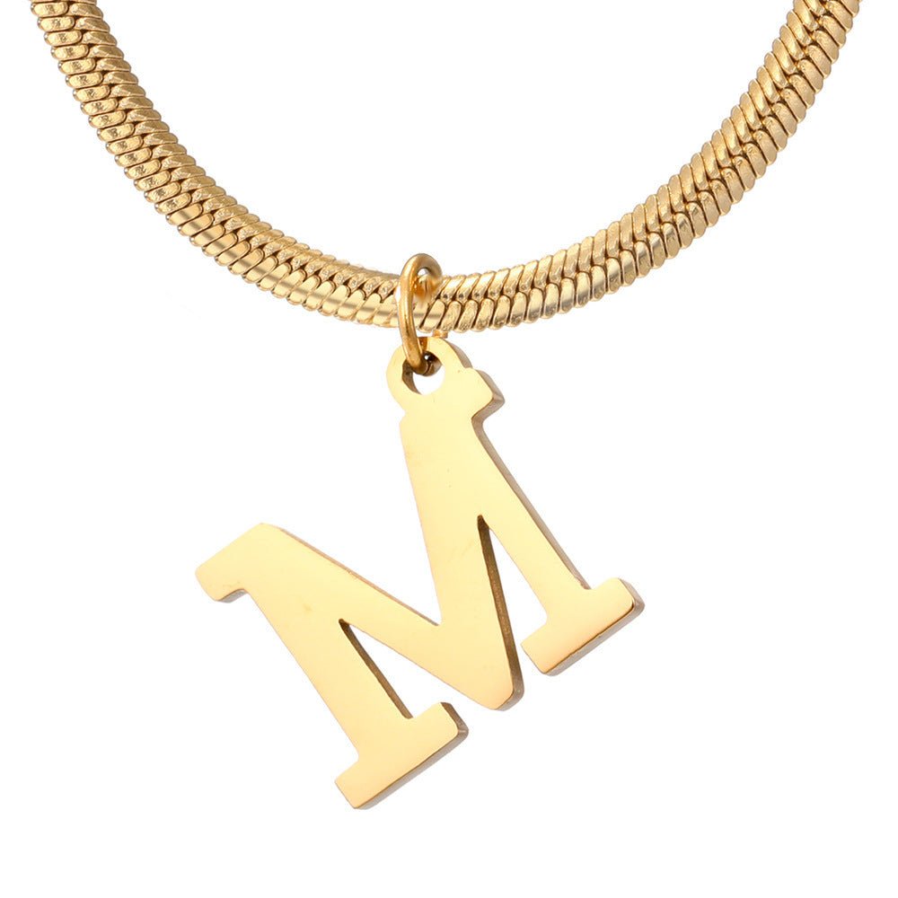 Initial Pendant Necklace Stainless Steel 18k Gold Plated Herring Bone - Rhyme - and - Chain