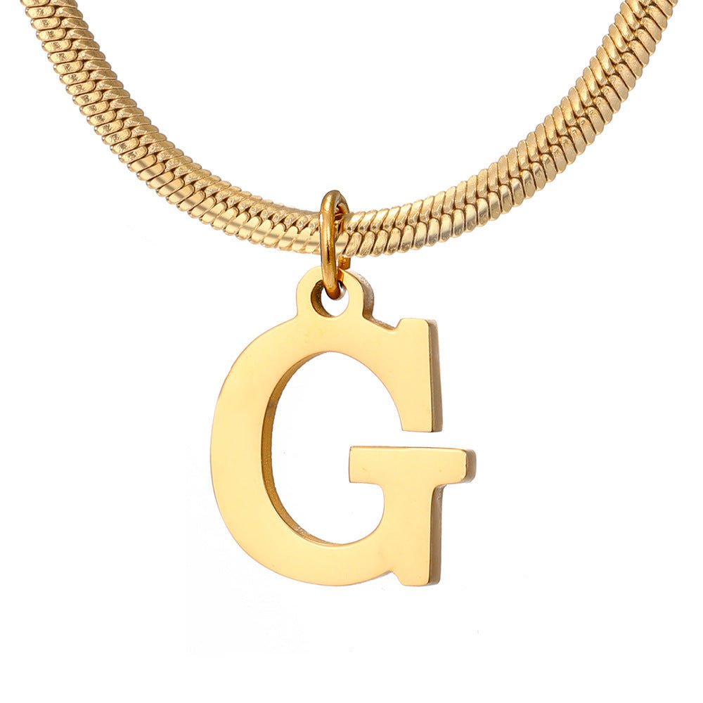 Initial Pendant Necklace Stainless Steel 18k Gold Plated Herring Bone - Rhyme - and - Chain