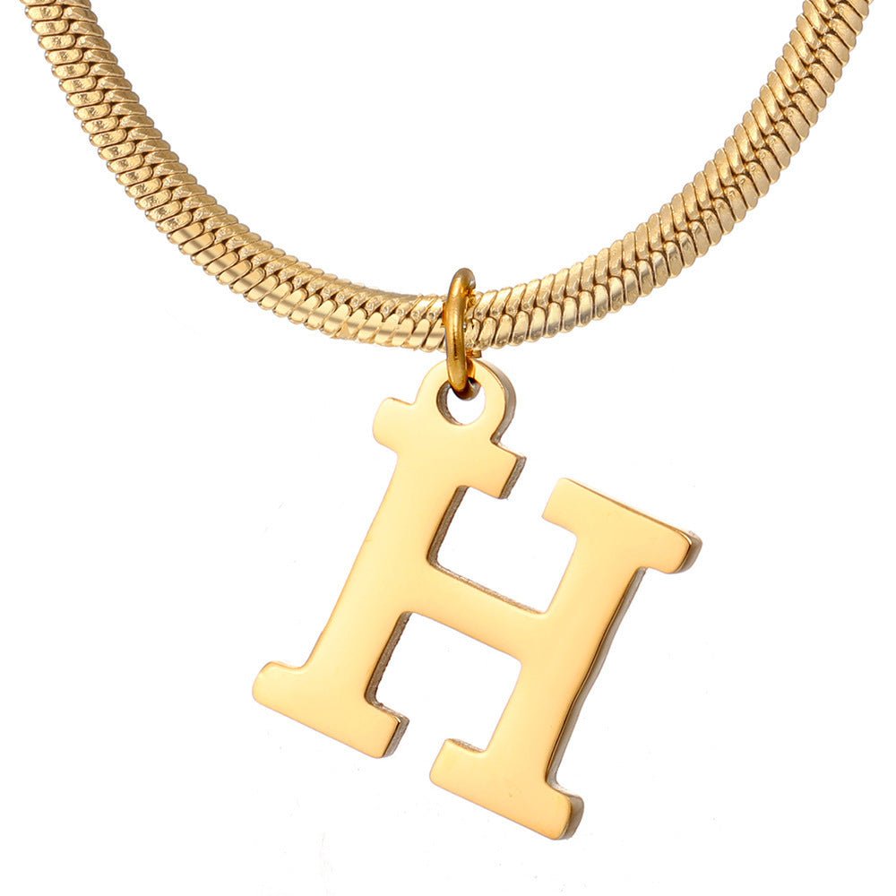 Initial Pendant Necklace Stainless Steel 18k Gold Plated Herring Bone - Rhyme - and - Chain