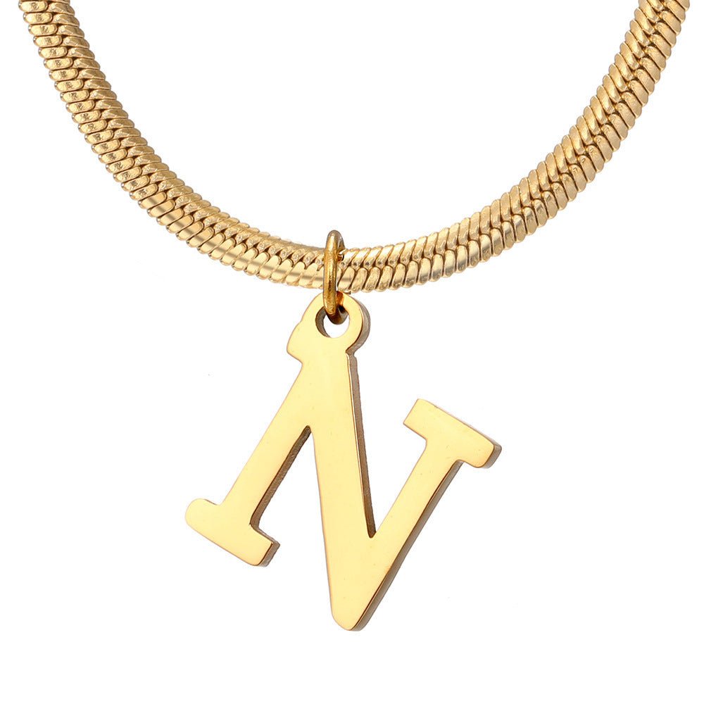 Initial Pendant Necklace Stainless Steel 18k Gold Plated Herring Bone - Rhyme - and - Chain