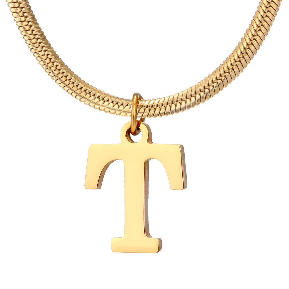 Initial Pendant Necklace Stainless Steel 18k Gold Plated Herring Bone - Rhyme - and - Chain