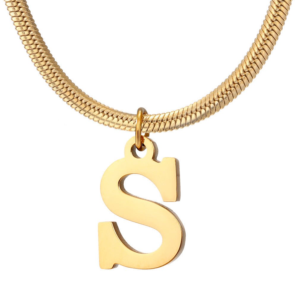 Initial Pendant Necklace Stainless Steel 18k Gold Plated Herring Bone - Rhyme - and - Chain