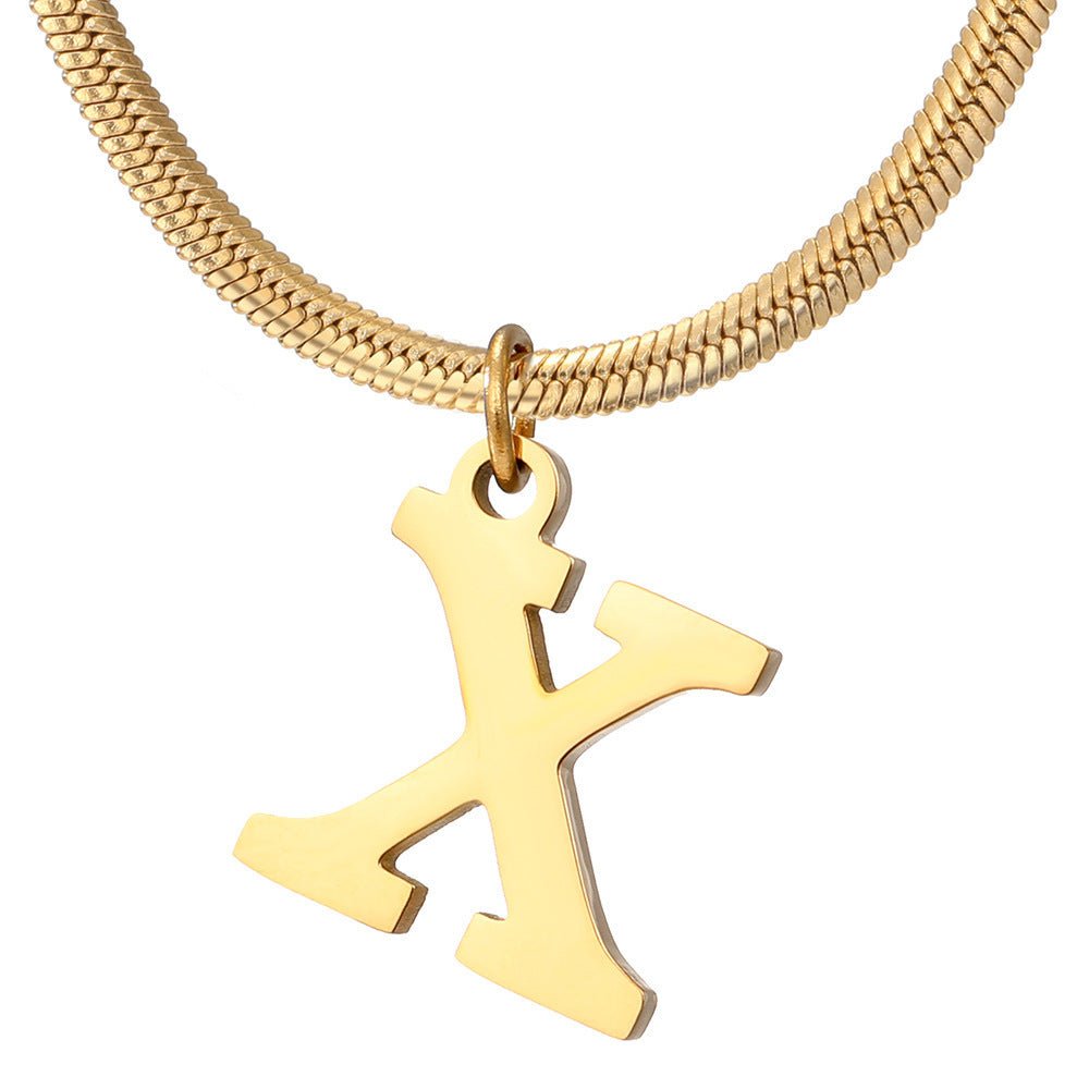 Initial Pendant Necklace Stainless Steel 18k Gold Plated Herring Bone - Rhyme - and - Chain