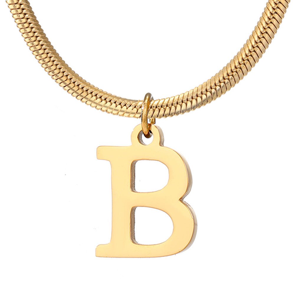 Initial Pendant Necklace Stainless Steel 18k Gold Plated Herring Bone - Rhyme - and - Chain