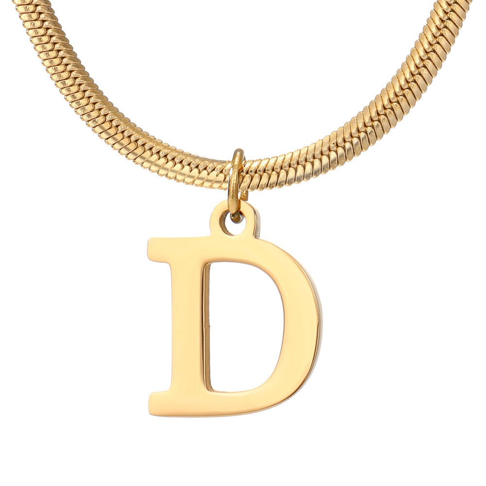 Initial Pendant Necklace Stainless Steel 18k Gold Plated Herring Bone - Rhyme - and - Chain