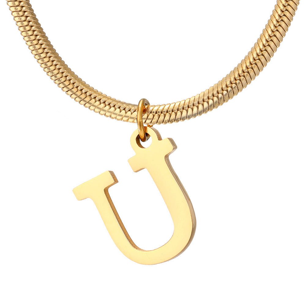 Initial Pendant Necklace Stainless Steel 18k Gold Plated Herring Bone - Rhyme - and - Chain