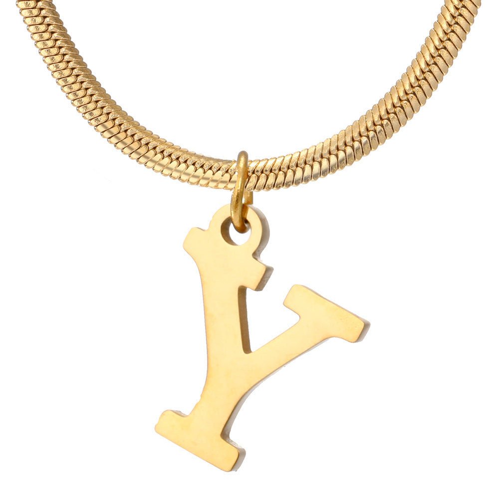 Initial Pendant Necklace Stainless Steel 18k Gold Plated Herring Bone - Rhyme - and - Chain