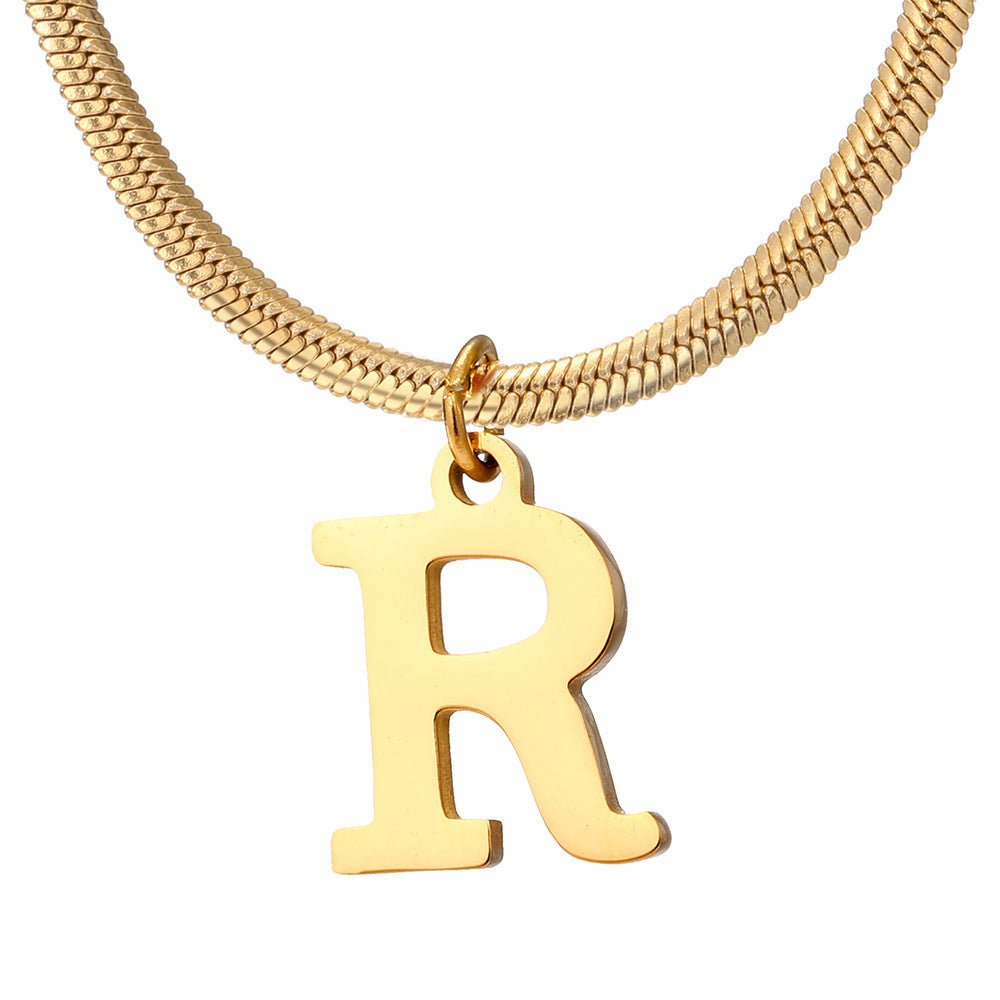 Initial Pendant Necklace Stainless Steel 18k Gold Plated Herring Bone - Rhyme - and - Chain