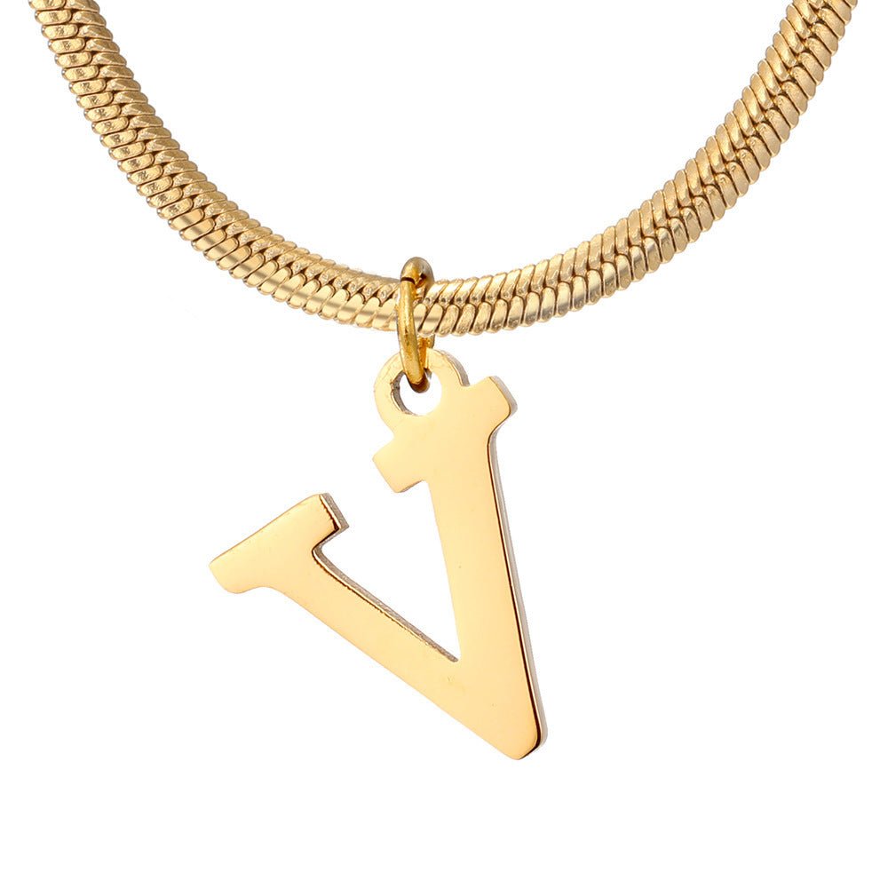 Initial Pendant Necklace Stainless Steel 18k Gold Plated Herring Bone - Rhyme - and - Chain