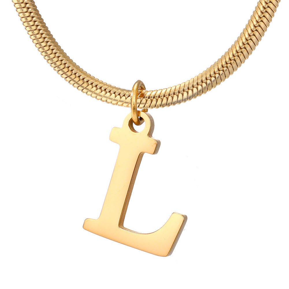 Initial Pendant Necklace Stainless Steel 18k Gold Plated Herring Bone - Rhyme - and - Chain