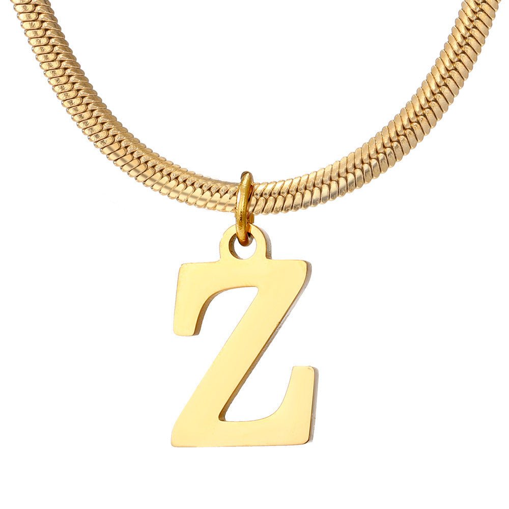 Initial Pendant Necklace Stainless Steel 18k Gold Plated Herring Bone - Rhyme - and - Chain