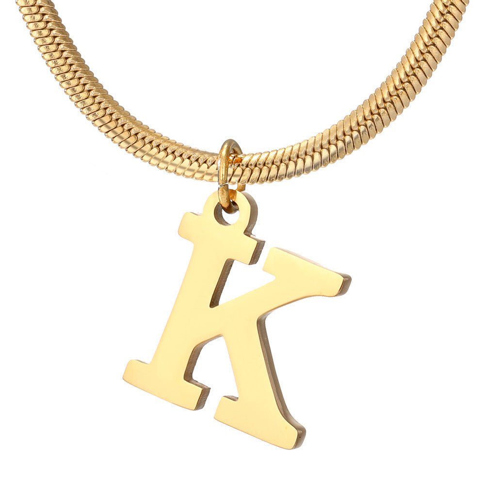 Initial Pendant Necklace Stainless Steel 18k Gold Plated Herring Bone - Rhyme - and - Chain