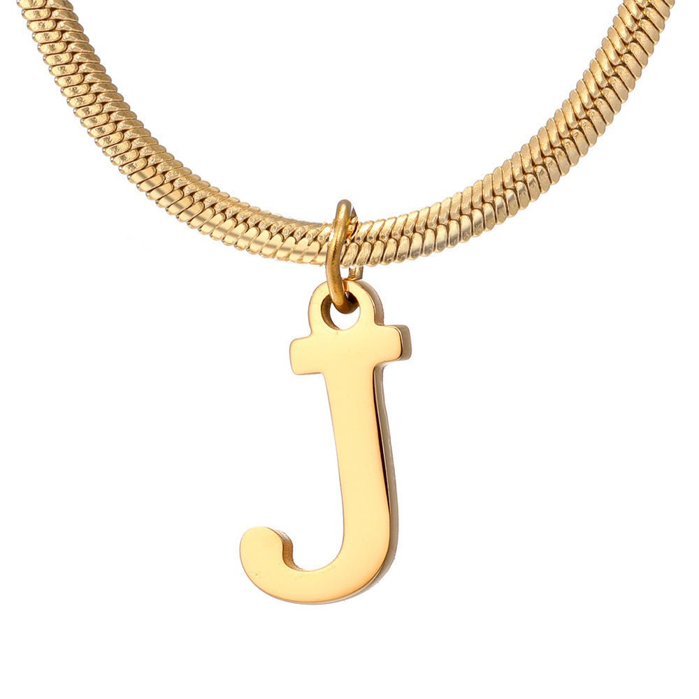 Initial Pendant Necklace Stainless Steel 18k Gold Plated Herring Bone - Rhyme - and - Chain