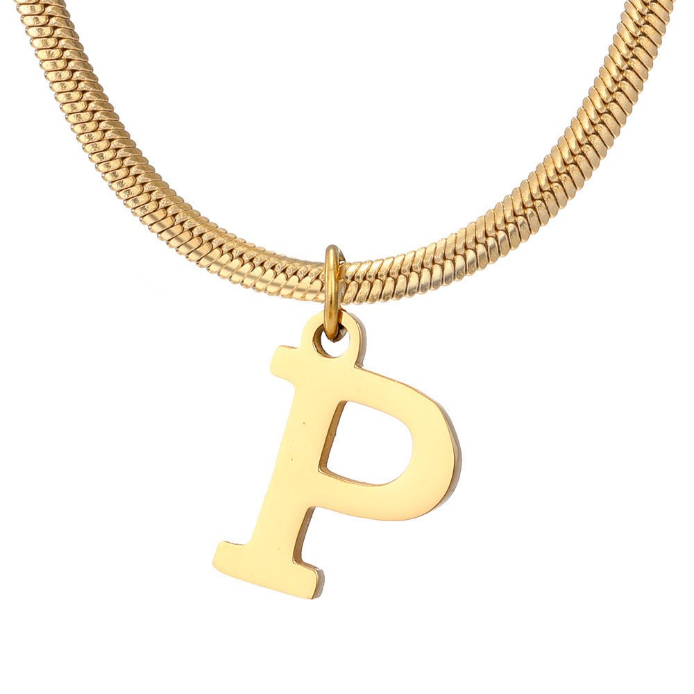 Initial Pendant Necklace Stainless Steel 18k Gold Plated Herring Bone - Rhyme - and - Chain