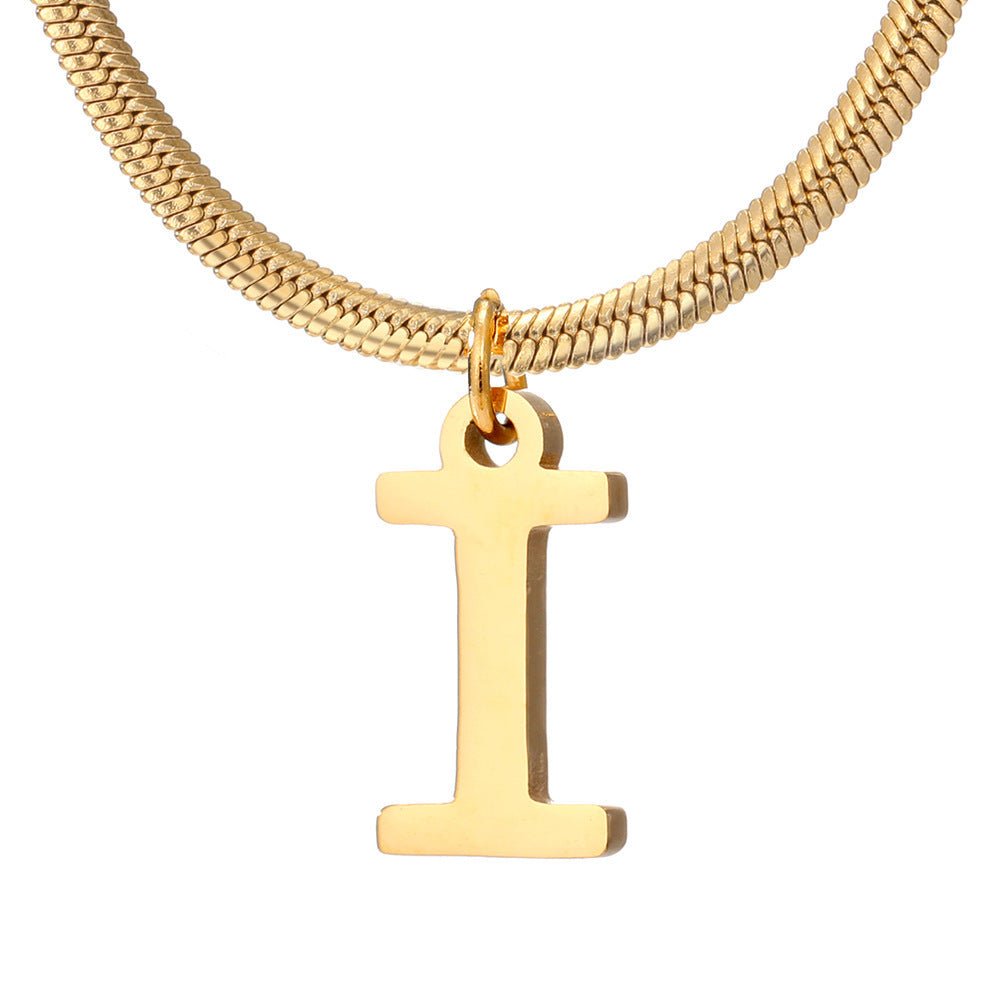 Initial Pendant Necklace Stainless Steel 18k Gold Plated Herring Bone - Rhyme - and - Chain