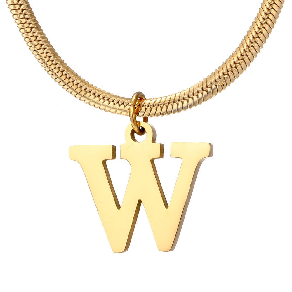 Initial Pendant Necklace Stainless Steel 18k Gold Plated Herring Bone - Rhyme - and - Chain