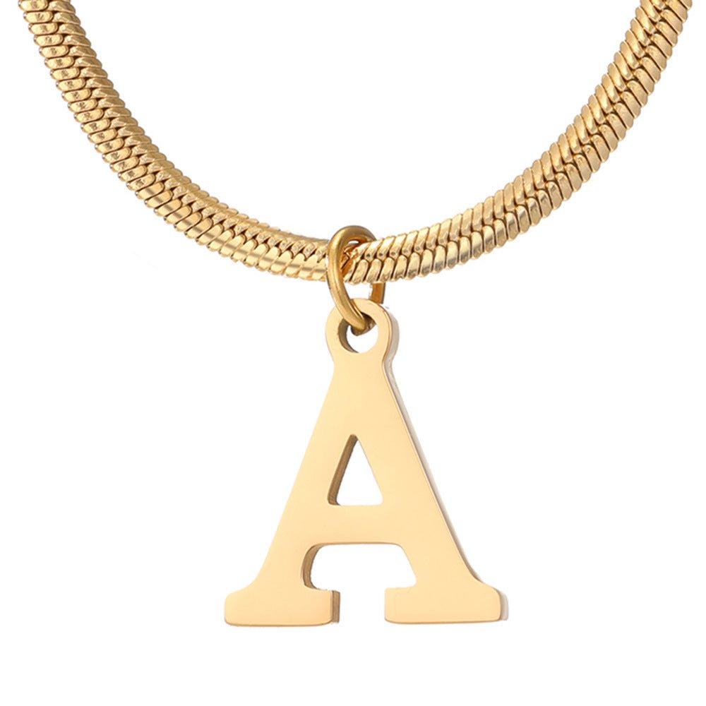 Initial Pendant Necklace Stainless Steel 18k Gold Plated Herring Bone - Rhyme - and - Chain