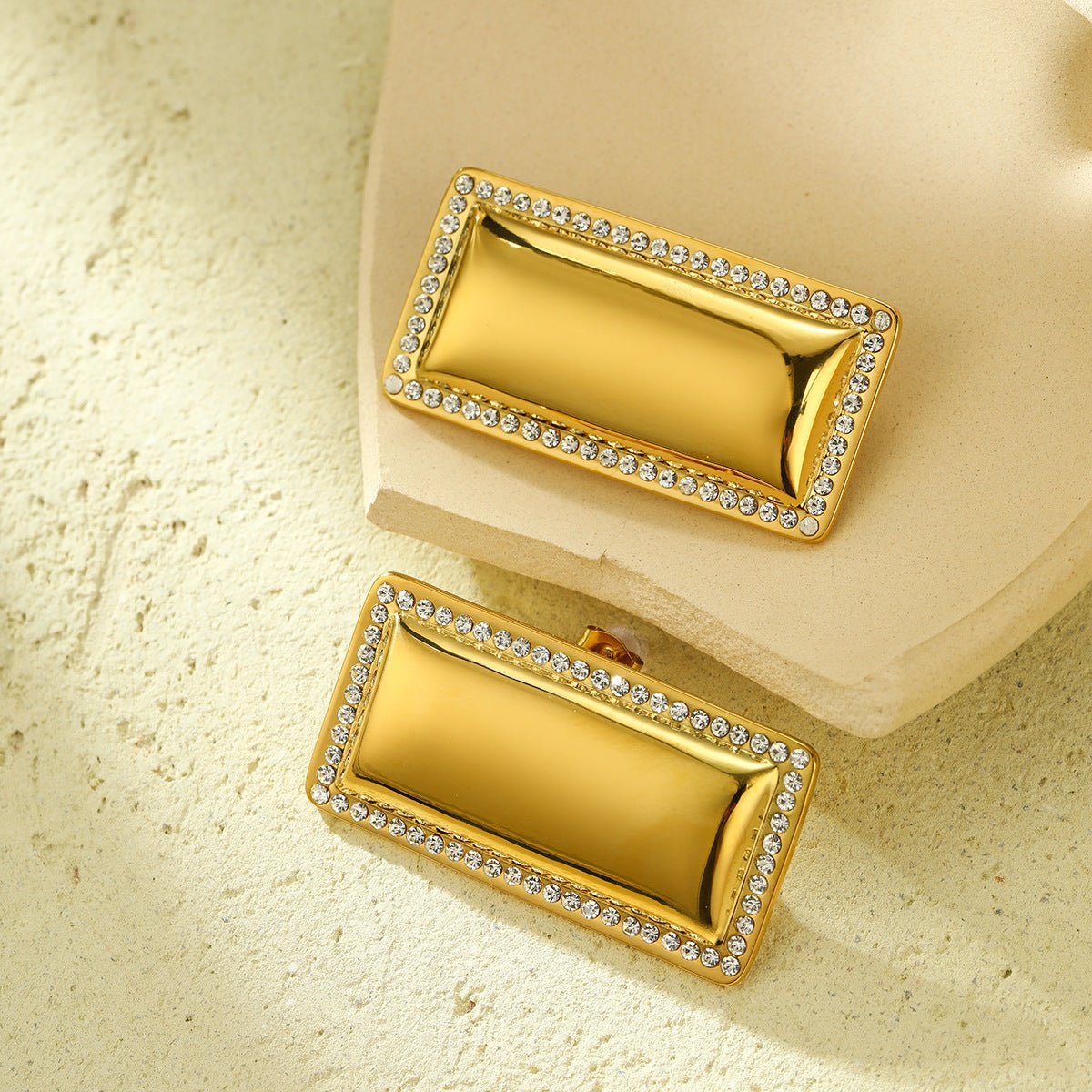 18K Gold Stainless Steel Inlaid White Diamond Polished Rectangular Titanium Steel Non-Fading Earrings