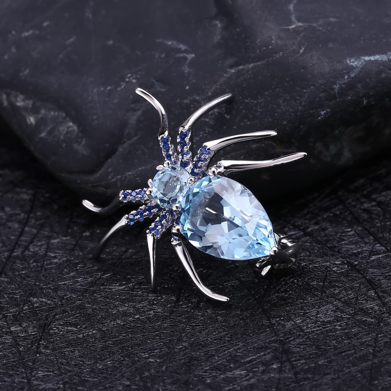 Insect Series Designer High - end Spider 925 Sterling Silver Natural Topaz Brooch - Rhyme - and - Chain