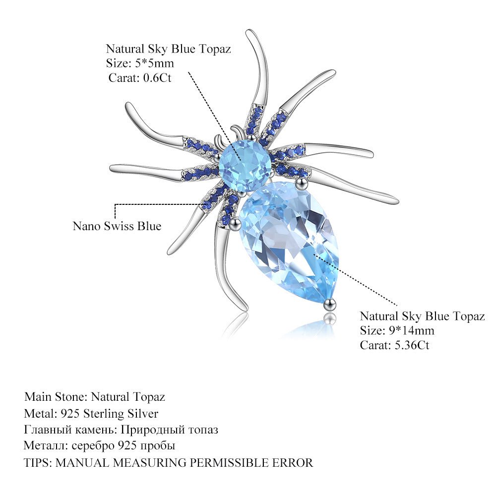 Insect Series Designer High - end Spider 925 Sterling Silver Natural Topaz Brooch - Rhyme - and - Chain