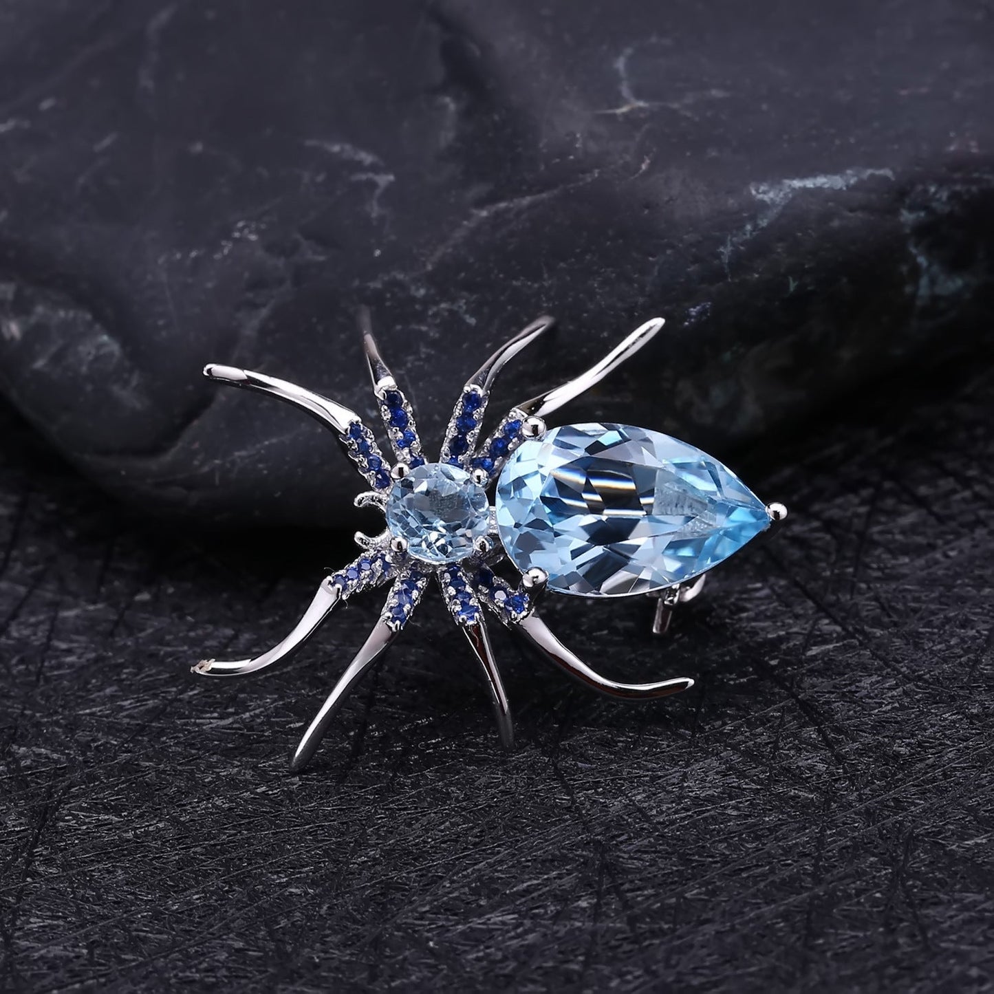 Insect Series Designer High - end Spider 925 Sterling Silver Natural Topaz Brooch - Rhyme - and - Chain